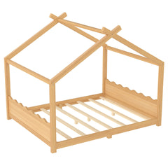 Bellemave® Twin Size House Bed Frame for Kids,Solid Wood Montessori Floor Bed Frame with Support Slats and Roof,Natural - Bellemave