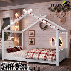 Bellemave® Twin Size House Bed Frame for Kids,Solid Wood Montessori Floor Bed Frame with Support Slats and Roof,Natural - Bellemave