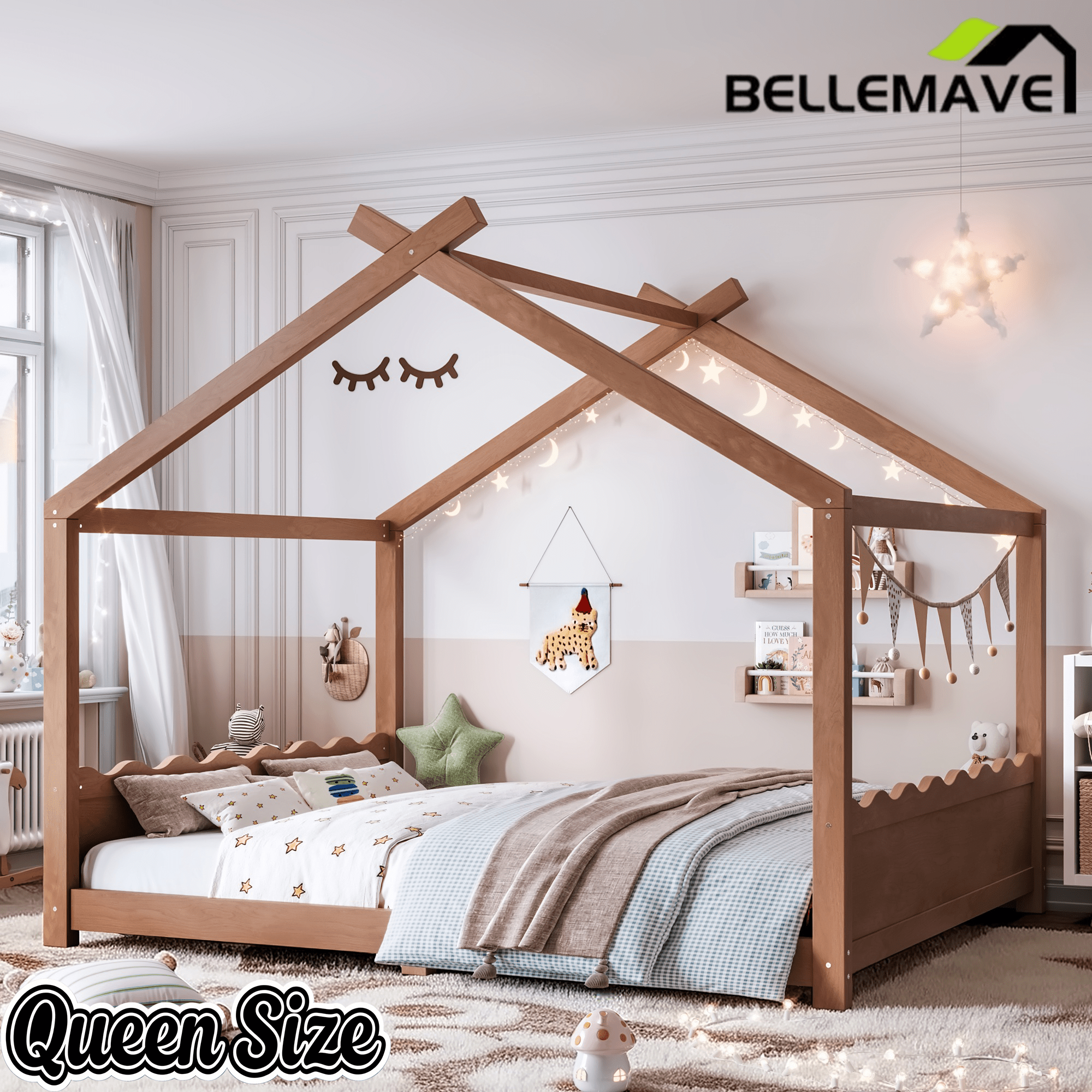 Bellemave® Twin Size House Bed Frame for Kids,Solid Wood Montessori Floor Bed Frame with Support Slats and Roof,Natural - Bellemave