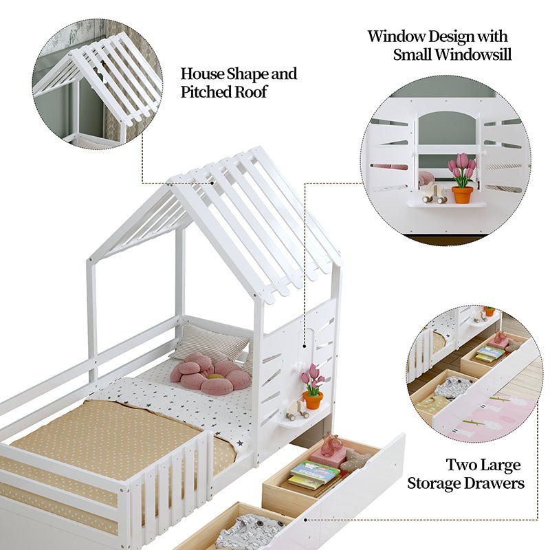 Bellemave® Twin Size House Bed With 2 Storage Drawers and Guardrails,Roof and Window - Bellemave