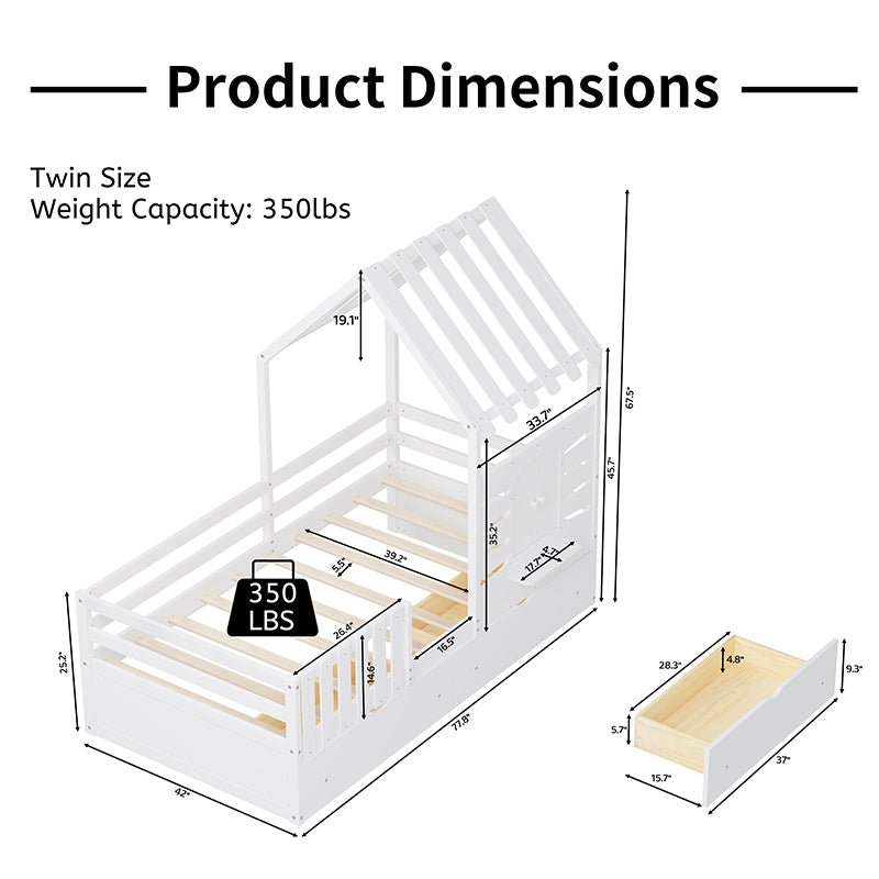 Bellemave® Twin Size House Bed With 2 Storage Drawers and Guardrails,Roof and Window - Bellemave
