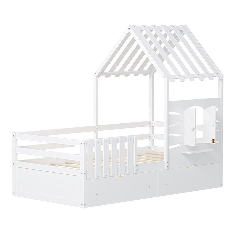 Bellemave® Twin Size House Bed With 2 Storage Drawers and Guardrails,Roof and Window - Bellemave