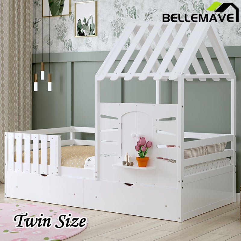 Bellemave® Twin Size House Bed With 2 Storage Drawers and Guardrails,Roof and Window - Bellemave