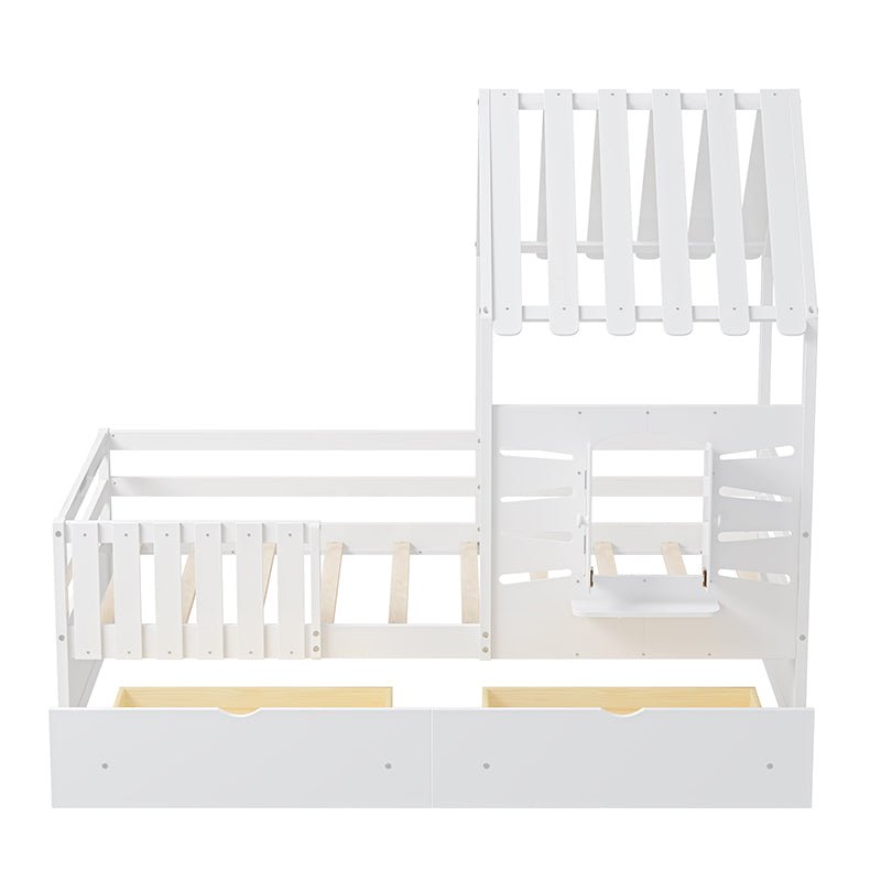 Bellemave® Twin Size House Bed With 2 Storage Drawers and Guardrails,Roof and Window - Bellemave