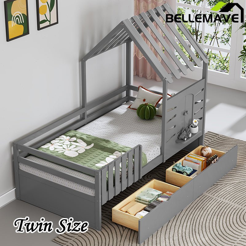 Bellemave® Twin Size House Bed With 2 Storage Drawers and Guardrails,Roof and Window - Bellemave