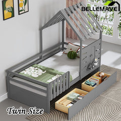 Bellemave® Twin Size House Bed With 2 Storage Drawers and Guardrails,Roof and Window - Bellemave