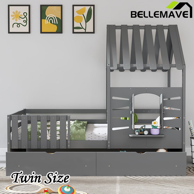Bellemave® Twin Size House Bed With 2 Storage Drawers and Guardrails,Roof and Window - Bellemave
