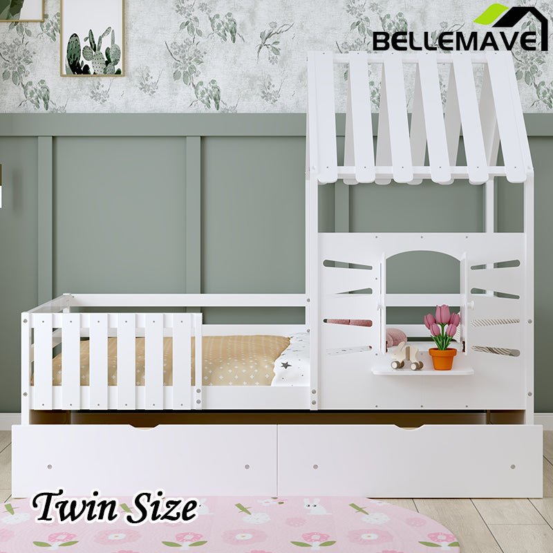 Bellemave® Twin Size House Bed With 2 Storage Drawers and Guardrails,Roof and Window - Bellemave
