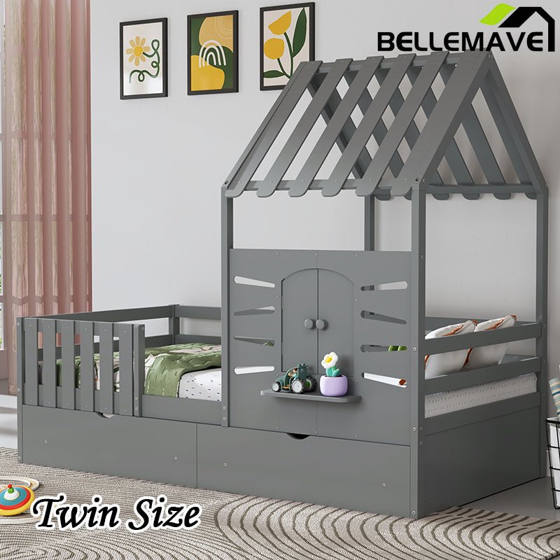 Bellemave® Twin Size House Bed With 2 Storage Drawers and Guardrails,Roof and Window - Bellemave