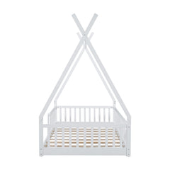 Bellemave Twin Size House Bed with Fence, Solid Pine Wood Montessori Bed with Slats, Tent - Shaped Bed Frame for Kids Boys Girls, Pink - Bellemave