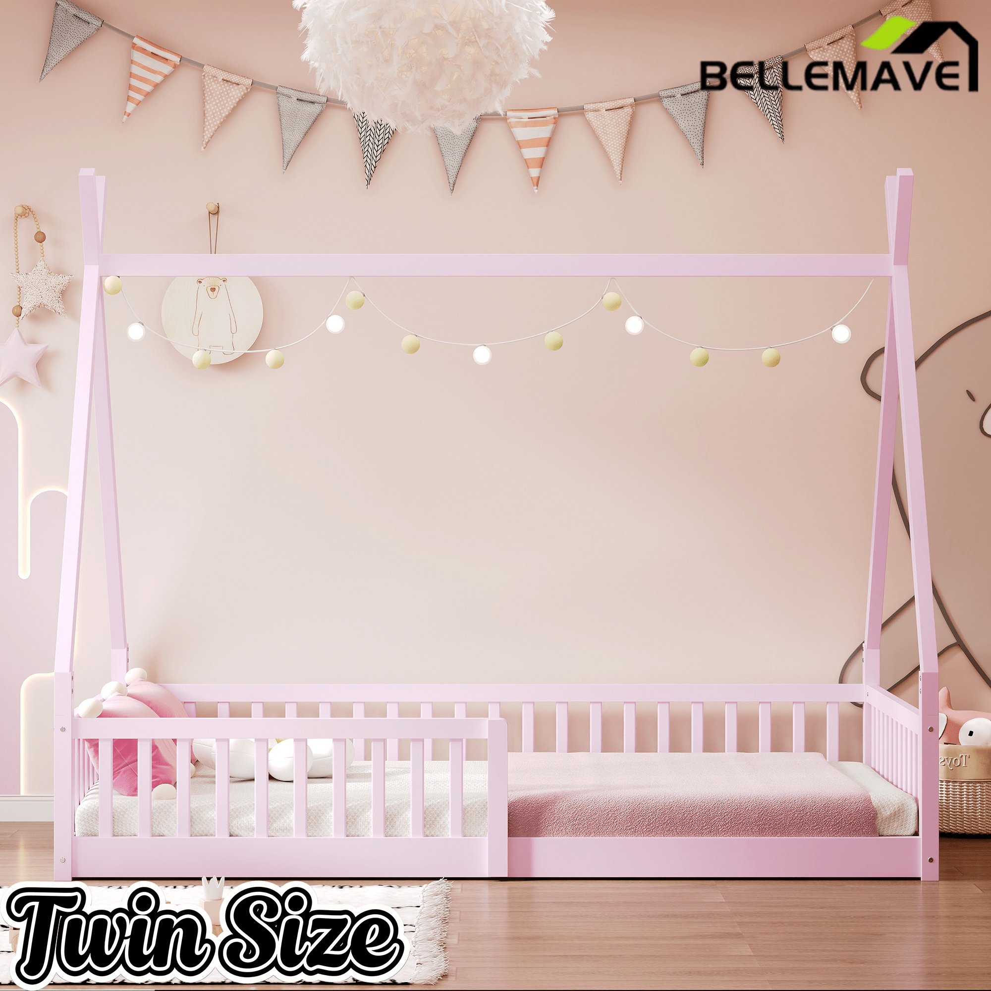Bellemave Twin Size House Bed with Fence, Solid Pine Wood Montessori Bed with Slats, Tent - Shaped Bed Frame for Kids Boys Girls, Pink - Bellemave