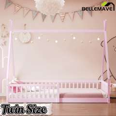 Bellemave Twin Size House Bed with Fence, Solid Pine Wood Montessori Bed with Slats, Tent - Shaped Bed Frame for Kids Boys Girls, Pink - Bellemave