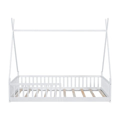 Bellemave Twin Size House Bed with Fence, Solid Pine Wood Montessori Bed with Slats, Tent - Shaped Bed Frame for Kids Boys Girls, Pink - Bellemave