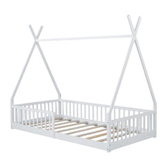 Bellemave Twin Size House Bed with Fence, Solid Pine Wood Montessori Bed with Slats, Tent - Shaped Bed Frame for Kids Boys Girls, Pink - Bellemave