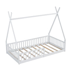 Bellemave Twin Size House Bed with Fence, Solid Pine Wood Montessori Bed with Slats, Tent - Shaped Bed Frame for Kids Boys Girls, Pink - Bellemave