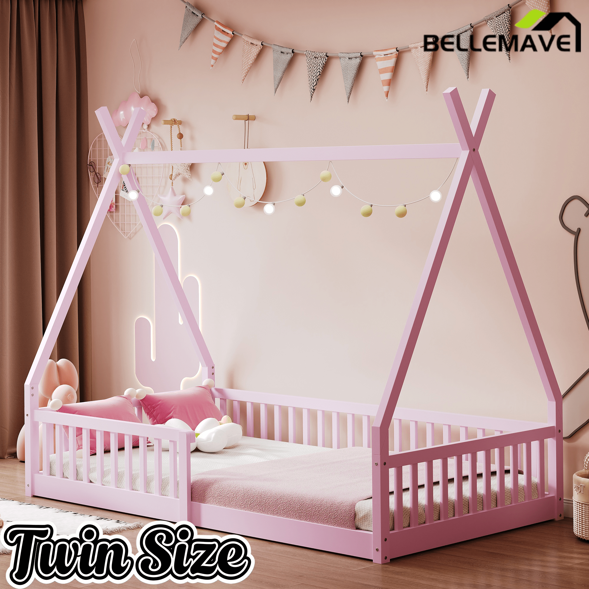 Bellemave Twin Size House Bed with Fence, Solid Pine Wood Montessori Bed with Slats, Tent - Shaped Bed Frame for Kids Boys Girls, Pink - Bellemave