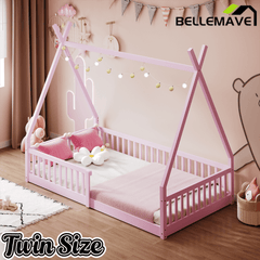 Bellemave Twin Size House Bed with Fence, Solid Pine Wood Montessori Bed with Slats, Tent - Shaped Bed Frame for Kids Boys Girls, Pink - Bellemave