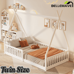 Bellemave Twin Size House Bed with Fence, Solid Pine Wood Montessori Bed with Slats, Tent - Shaped Bed Frame for Kids Boys Girls, Pink - Bellemave