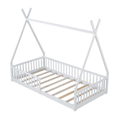 Bellemave Twin Size House Bed with Fence, Solid Pine Wood Montessori Bed with Slats, Tent - Shaped Bed Frame for Kids Boys Girls, Pink - Bellemave