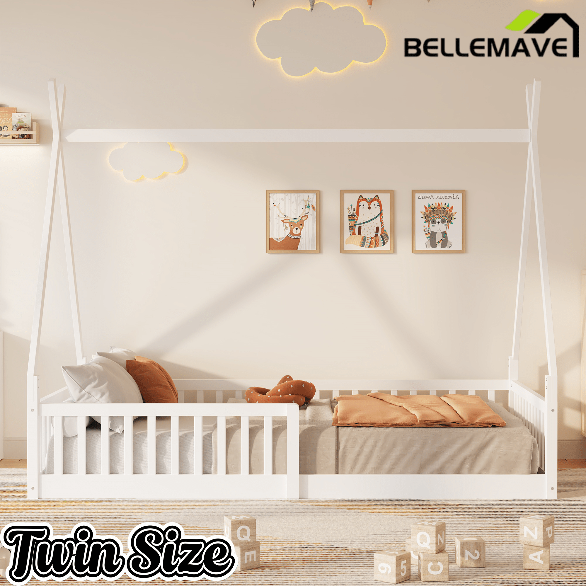 Bellemave Twin Size House Bed with Fence, Solid Pine Wood Montessori Bed with Slats, Tent - Shaped Bed Frame for Kids Boys Girls, Pink - Bellemave