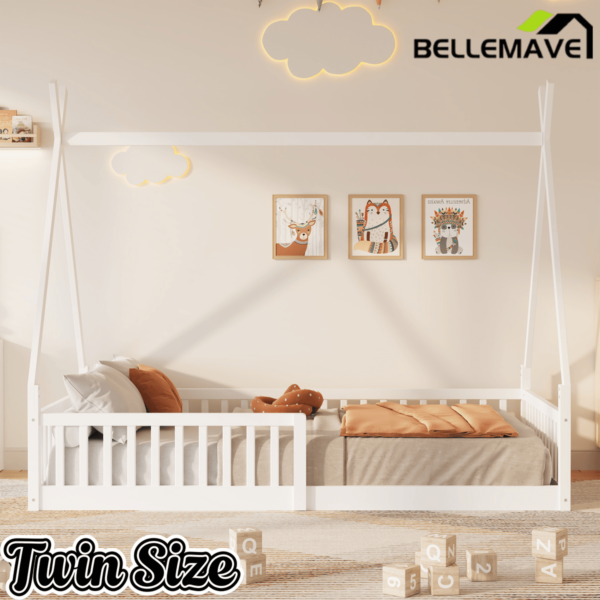 Bellemave Twin Size House Bed with Fence, Solid Pine Wood Montessori Bed with Slats, Tent - Shaped Bed Frame for Kids Boys Girls, Pink - Bellemave