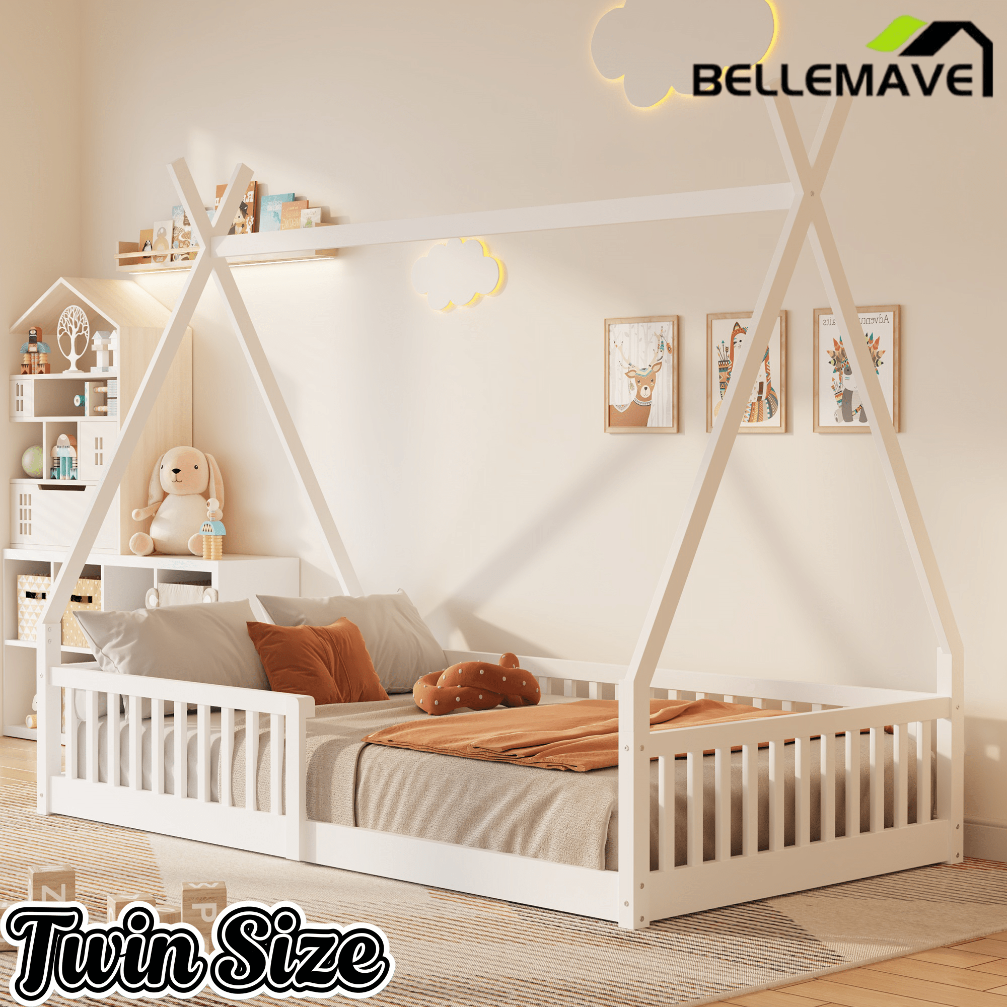 Bellemave Twin Size House Bed with Fence, Solid Pine Wood Montessori Bed with Slats, Tent - Shaped Bed Frame for Kids Boys Girls, Pink - Bellemave