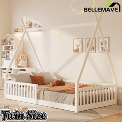 Bellemave Twin Size House Bed with Fence, Solid Pine Wood Montessori Bed with Slats, Tent - Shaped Bed Frame for Kids Boys Girls, Pink - Bellemave