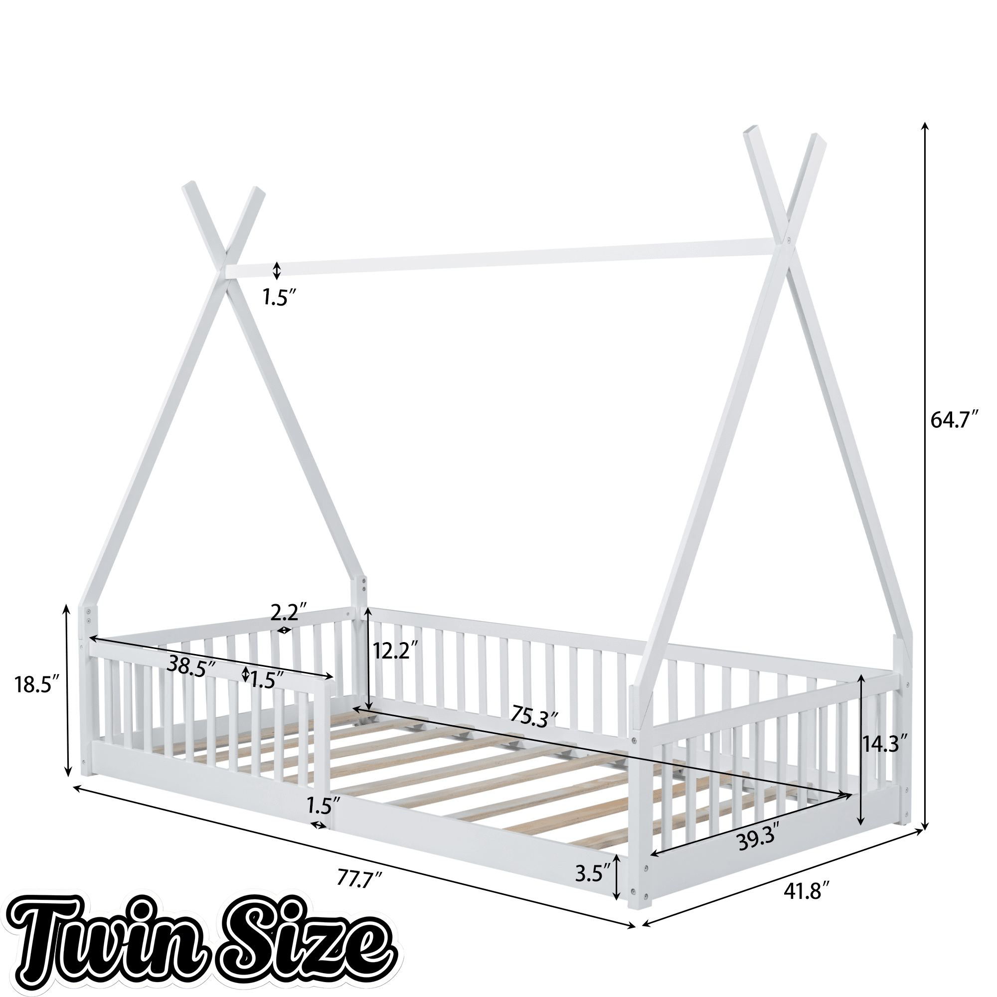 Bellemave Twin Size House Bed with Fence, Solid Pine Wood Montessori Bed with Slats, Tent - Shaped Bed Frame for Kids Boys Girls, Pink - Bellemave