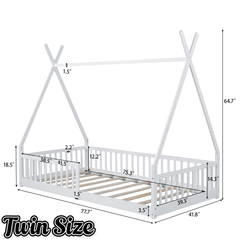 Bellemave Twin Size House Bed with Fence, Solid Pine Wood Montessori Bed with Slats, Tent - Shaped Bed Frame for Kids Boys Girls, Pink - Bellemave