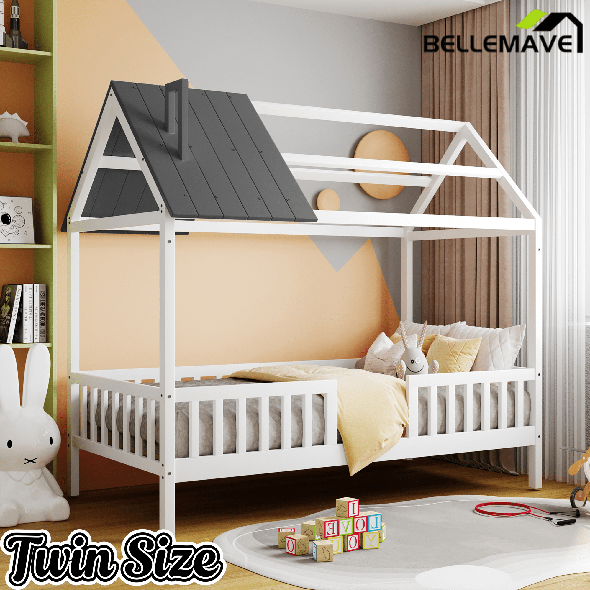 Bellemave® Twin Size House Bed with Fences for Kids, Wood Platform Bed Frame with Roof and Guardrails for Kids, Boys & Girls, White - Bellemave