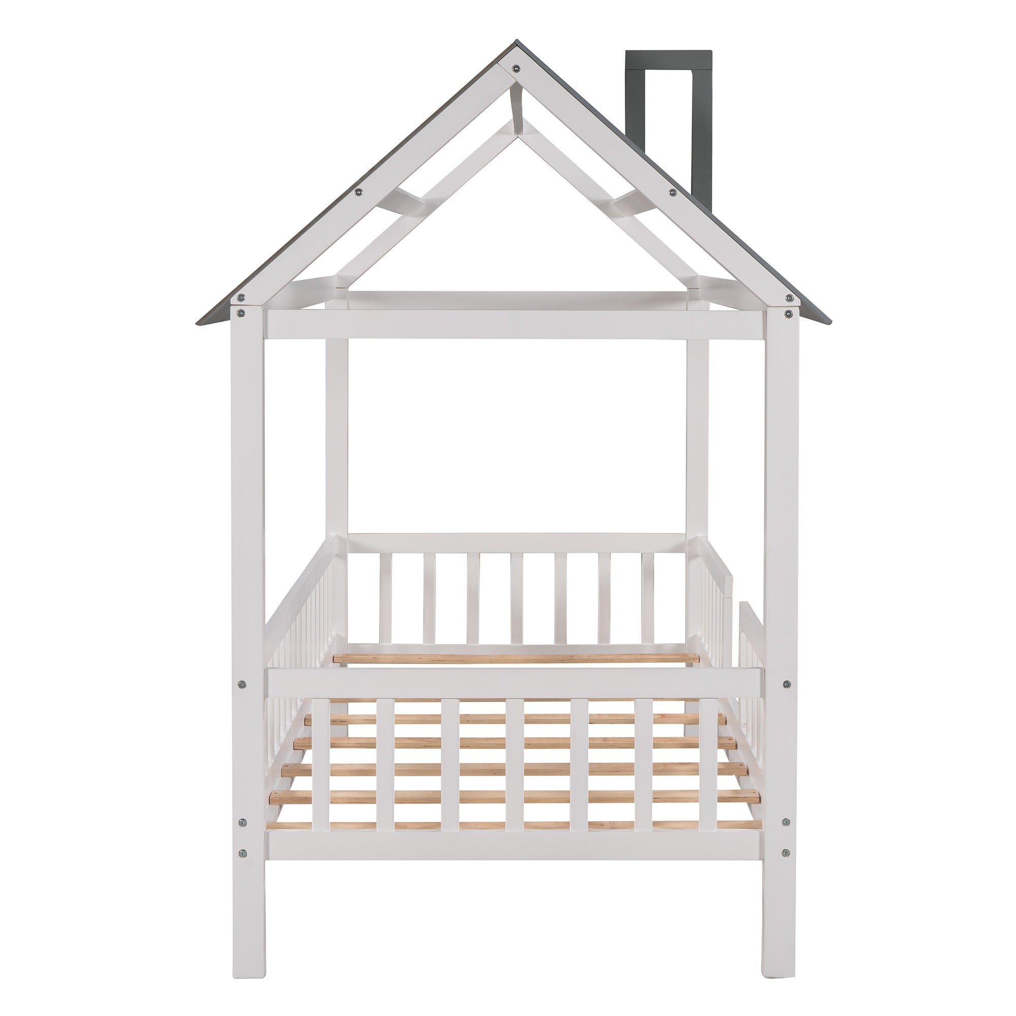 Bellemave® Twin Size House Bed with Fences for Kids, Wood Platform Bed Frame with Roof and Guardrails for Kids, Boys & Girls, White - Bellemave