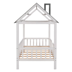 Bellemave® Twin Size House Bed with Fences for Kids, Wood Platform Bed Frame with Roof and Guardrails for Kids, Boys & Girls, White - Bellemave