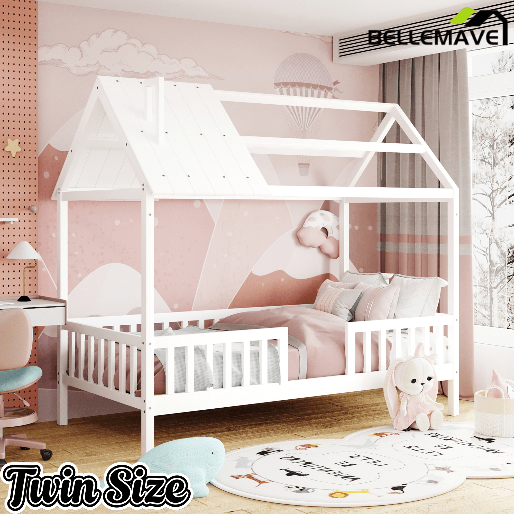 Bellemave® Twin Size House Bed with Fences for Kids, Wood Platform Bed Frame with Roof and Guardrails for Kids, Boys & Girls, White - Bellemave