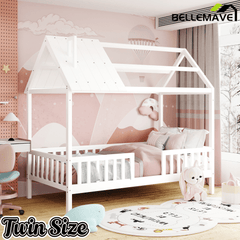 Bellemave® Twin Size House Bed with Fences for Kids, Wood Platform Bed Frame with Roof and Guardrails for Kids, Boys & Girls, White - Bellemave