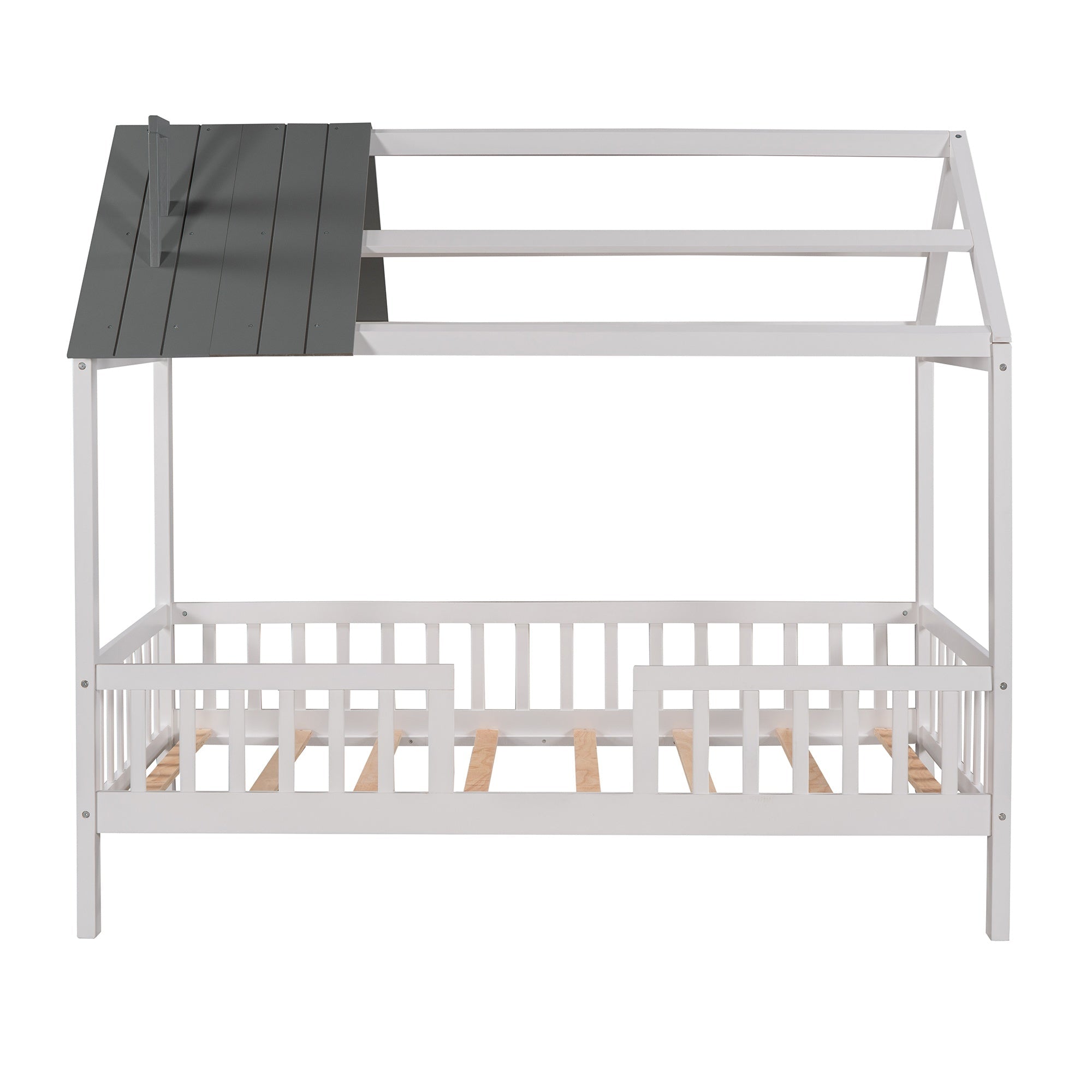 Bellemave® Twin Size House Bed with Fences for Kids, Wood Platform Bed Frame with Roof and Guardrails for Kids, Boys & Girls, White - Bellemave