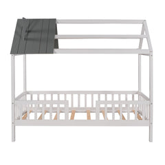 Bellemave® Twin Size House Bed with Fences for Kids, Wood Platform Bed Frame with Roof and Guardrails for Kids, Boys & Girls, White - Bellemave