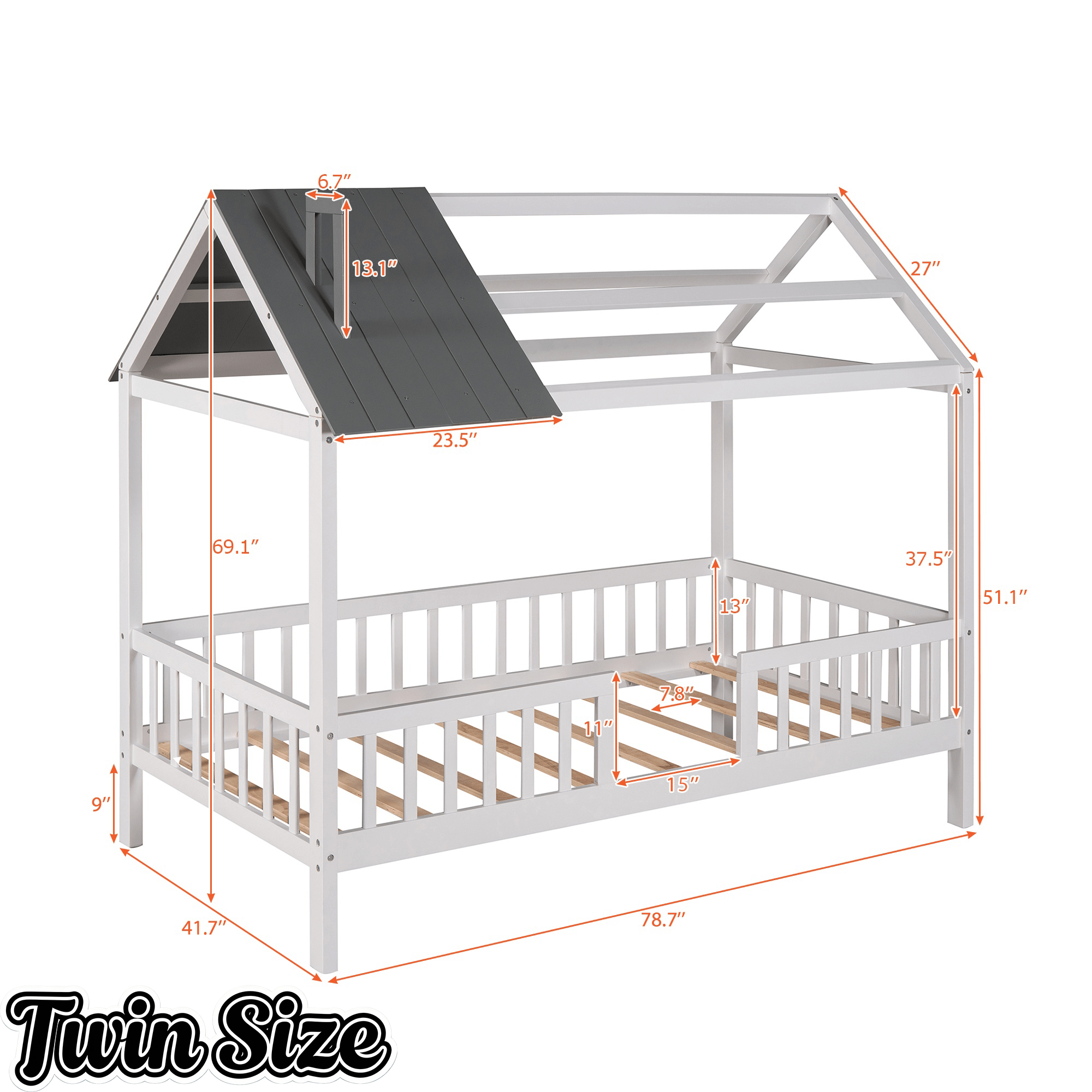 Bellemave® Twin Size House Bed with Fences for Kids, Wood Platform Bed Frame with Roof and Guardrails for Kids, Boys & Girls, White - Bellemave
