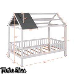 Bellemave® Twin Size House Bed with Fences for Kids, Wood Platform Bed Frame with Roof and Guardrails for Kids, Boys & Girls, White - Bellemave