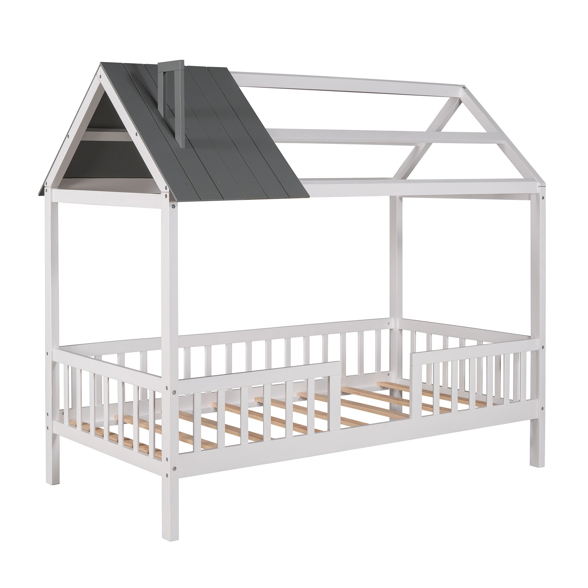 Bellemave® Twin Size House Bed with Fences for Kids, Wood Platform Bed Frame with Roof and Guardrails for Kids, Boys & Girls, White - Bellemave