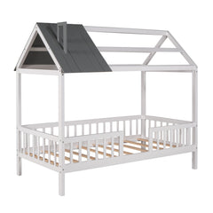 Bellemave® Twin Size House Bed with Fences for Kids, Wood Platform Bed Frame with Roof and Guardrails for Kids, Boys & Girls, White - Bellemave