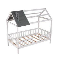 Bellemave® Twin Size House Bed with Fences for Kids, Wood Platform Bed Frame with Roof and Guardrails for Kids, Boys & Girls, White - Bellemave