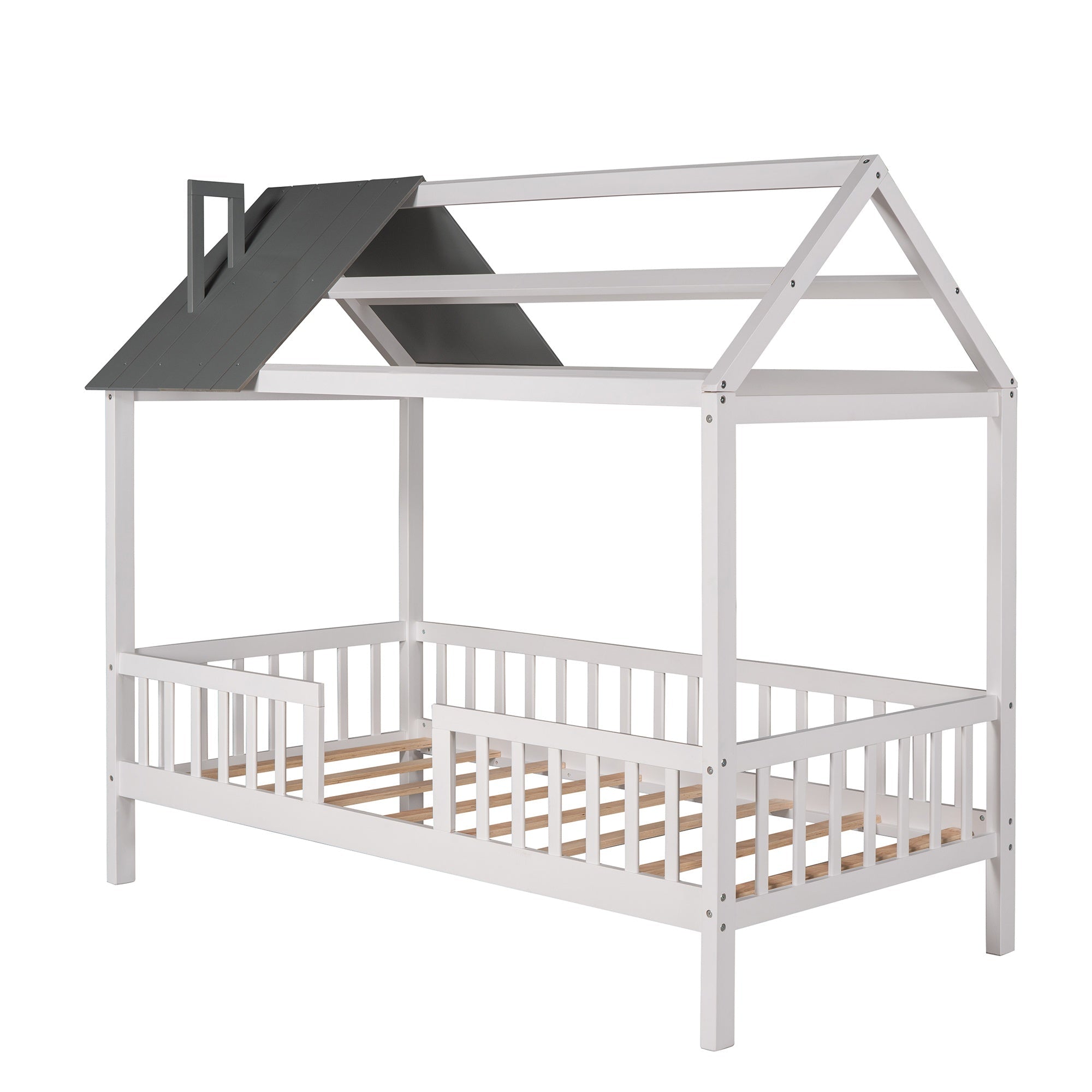 Bellemave® Twin Size House Bed with Fences for Kids, Wood Platform Bed Frame with Roof and Guardrails for Kids, Boys & Girls, White - Bellemave