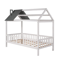 Bellemave® Twin Size House Bed with Fences for Kids, Wood Platform Bed Frame with Roof and Guardrails for Kids, Boys & Girls, White - Bellemave