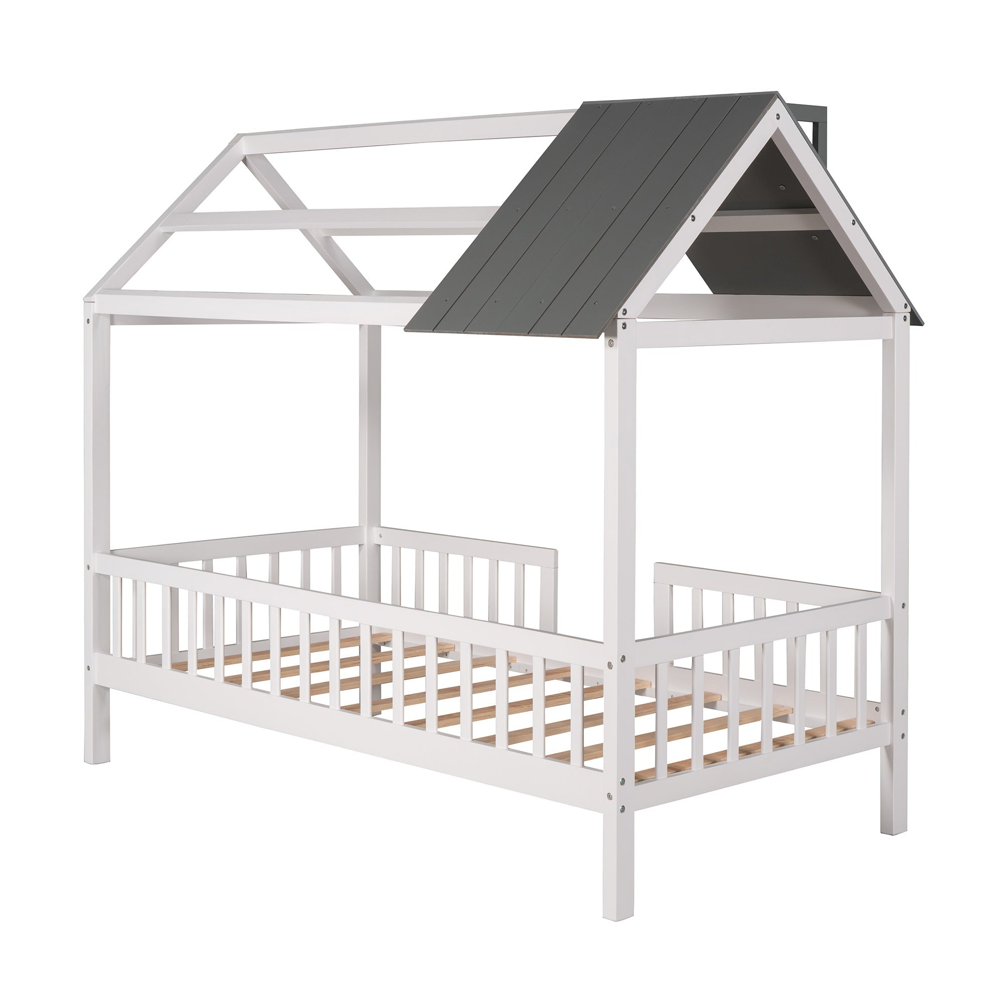 Bellemave® Twin Size House Bed with Fences for Kids, Wood Platform Bed Frame with Roof and Guardrails for Kids, Boys & Girls, White - Bellemave
