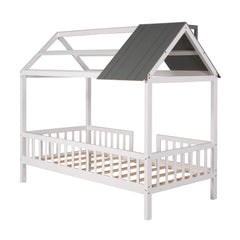 Bellemave® Twin Size House Bed with Fences for Kids, Wood Platform Bed Frame with Roof and Guardrails for Kids, Boys & Girls, White - Bellemave