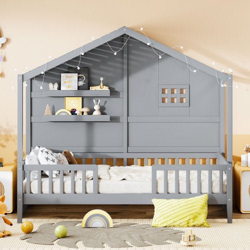 Bellemave® Twin Size House Bed with Shelves,Window and Sparkling Light Strip on the Roof - Bellemave
