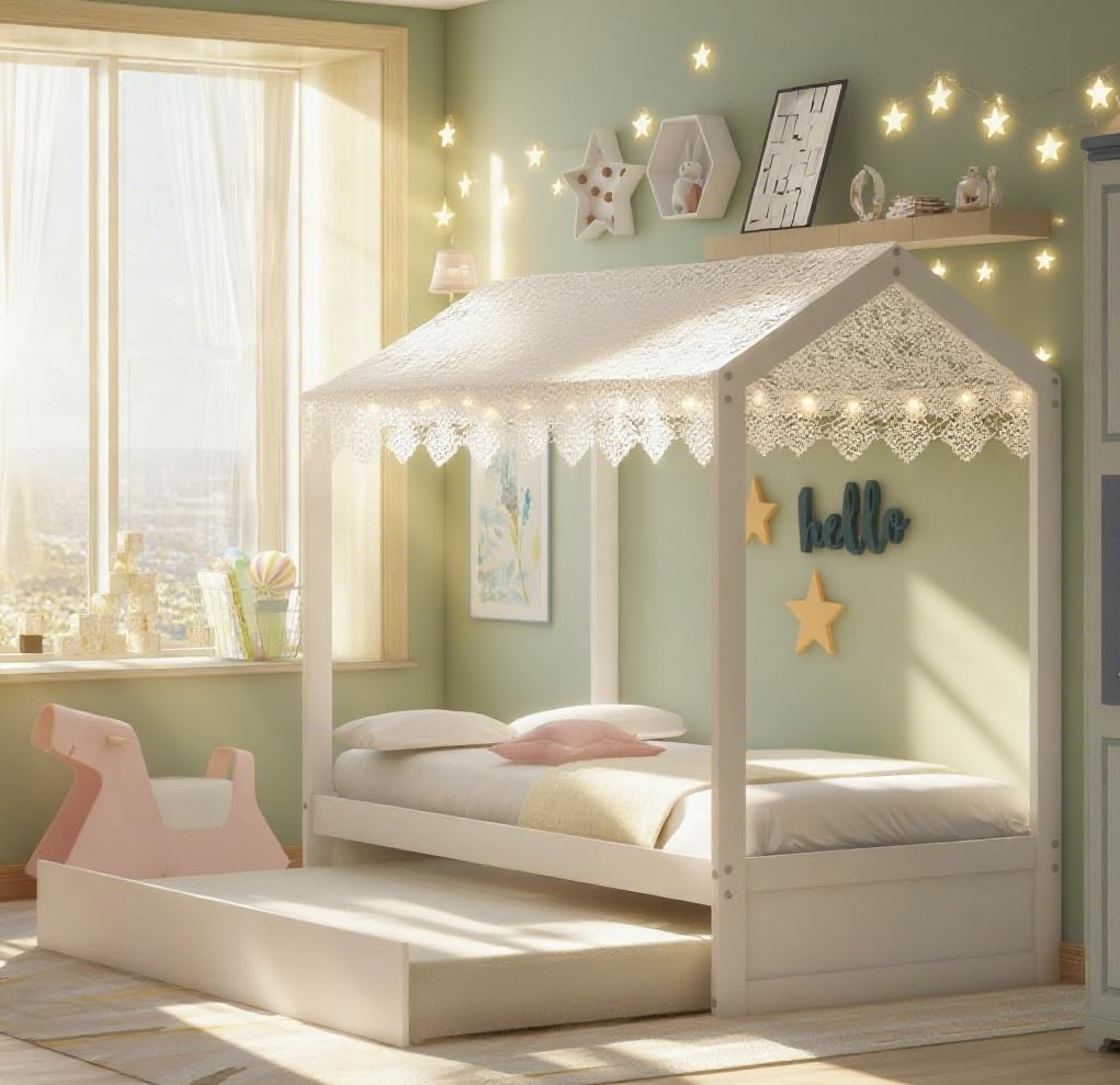 Bellemave® Twin Size House Bed with Trundle, Playhouse Bed, Wooden Montessori Beds with Roof for Kids, can be Decorated, White - Bellemave