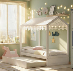 Bellemave® Twin Size House Bed with Trundle, Playhouse Bed, Wooden Montessori Beds with Roof for Kids, can be Decorated, White - Bellemave