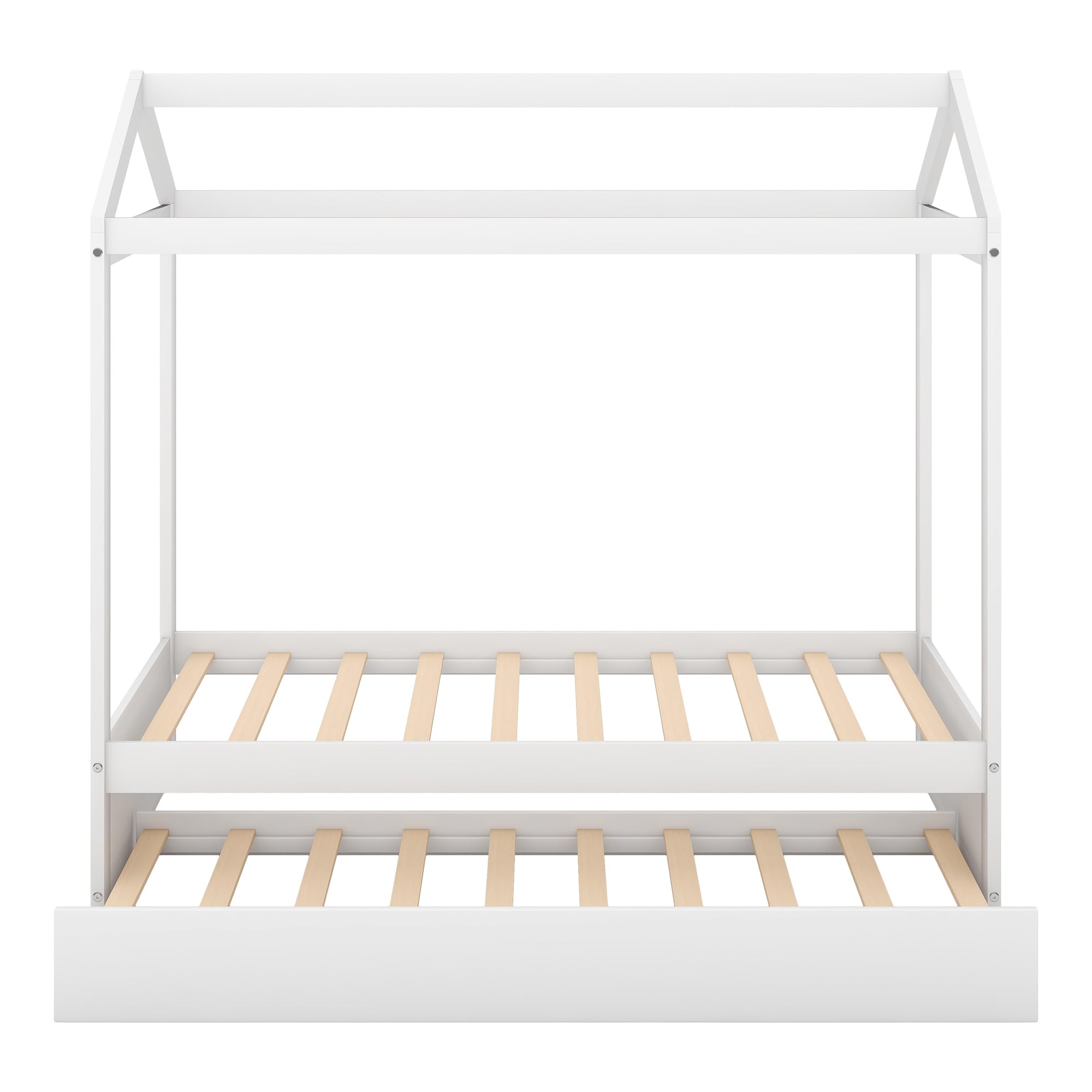 Bellemave® Twin Size House Bed with Trundle, Playhouse Bed, Wooden Montessori Beds with Roof for Kids, can be Decorated, White - Bellemave