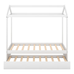Bellemave® Twin Size House Bed with Trundle, Playhouse Bed, Wooden Montessori Beds with Roof for Kids, can be Decorated, White - Bellemave